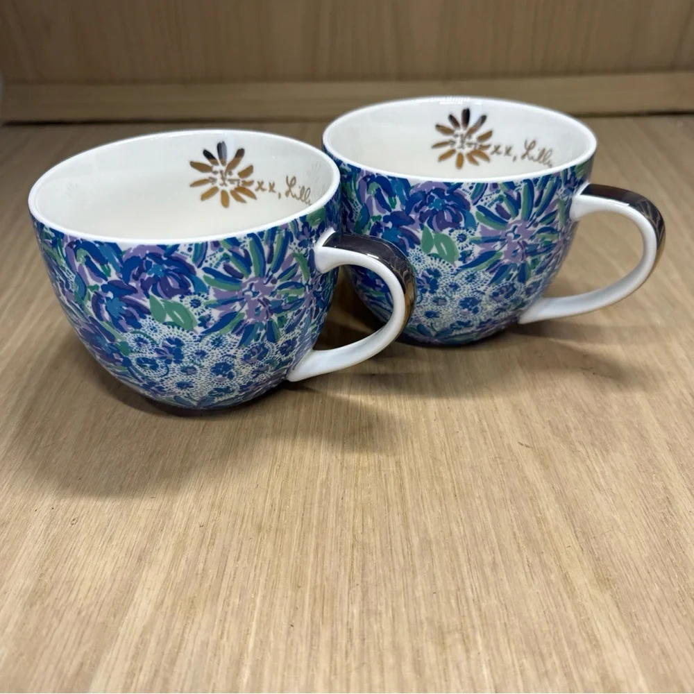 Lilly Pulitzer coffee cups blue floral with gold trim